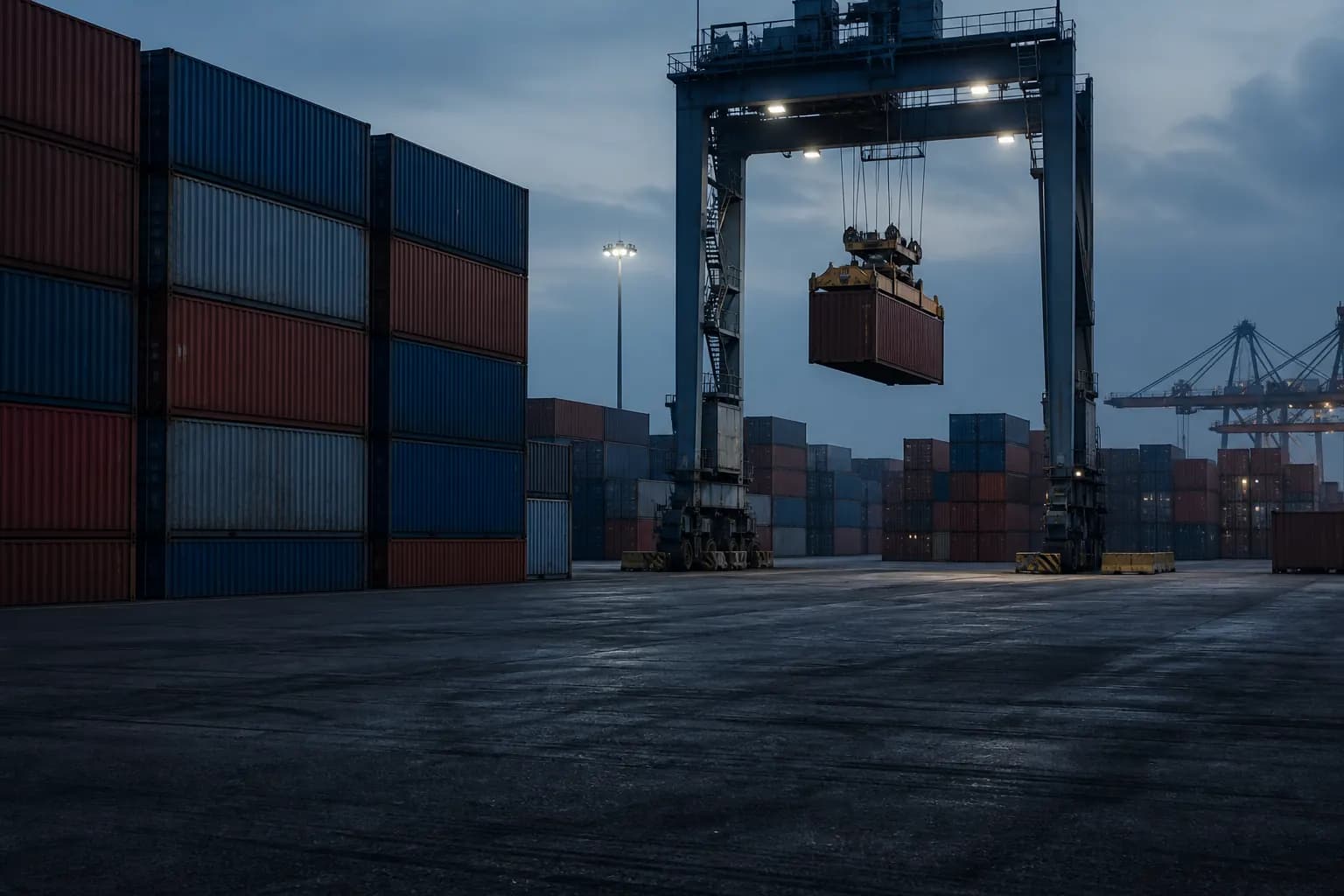 Container terminal at a commercial seaport at dusk